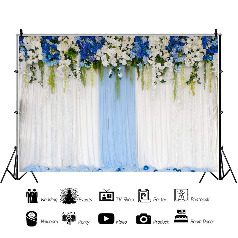 AOFOTO 10x7ft Blue White Flowers Curtain Wedding Backdrop Romantic Floral Wall Drapes Bride Groom Ladies Girls Photoshoot Background for Wedding Reception Ceremoney Birthday Cake Table Decor Banner - Image 4